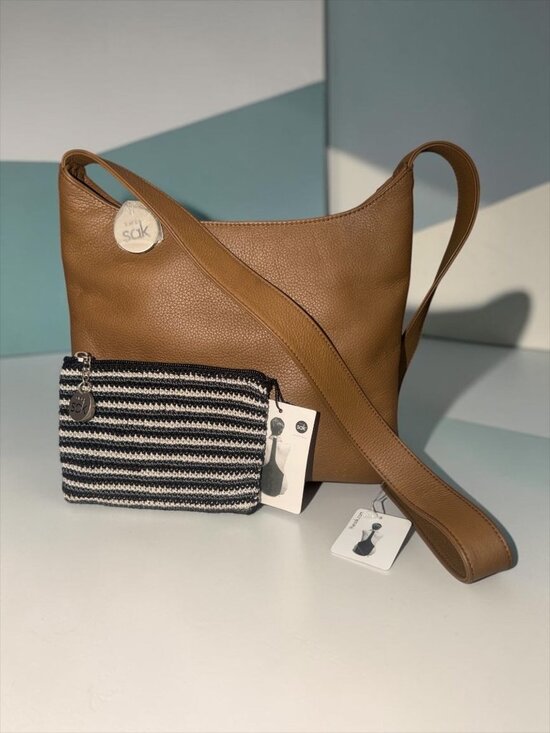 The Sak Handbags - The Sak Slim Pack Brown Leather Shoulder Bag + Essential Crochet Zipper Pouch NW
